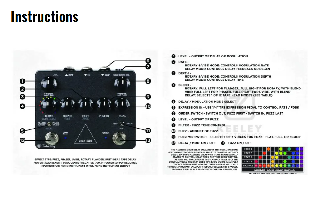 Keeley Dark Side Workstation V2 with Effect Order Switch. David Gilmore Style Fuzz, Delay and Modulation.