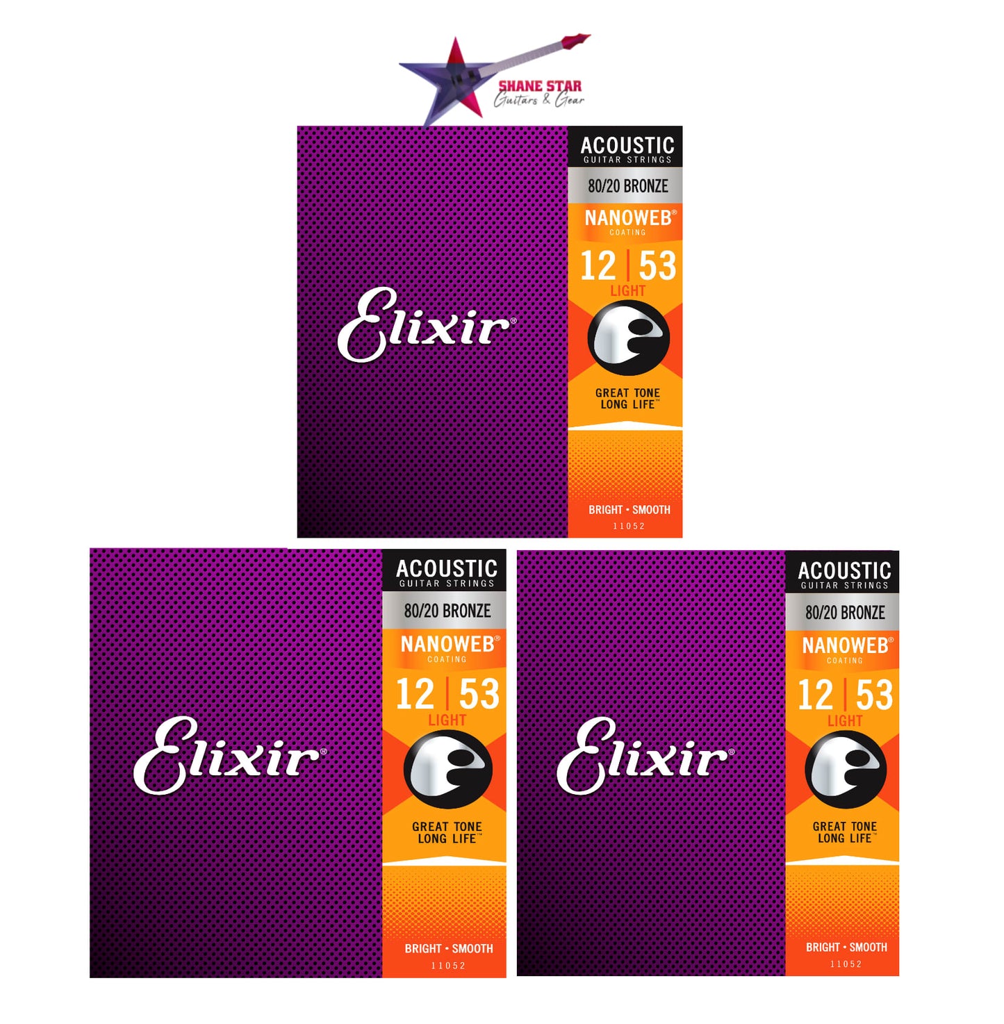 Elixir 11052 3-Pack Nanoweb 80/20 Bronze Acoustic Guitar Strings - Light (12-53)