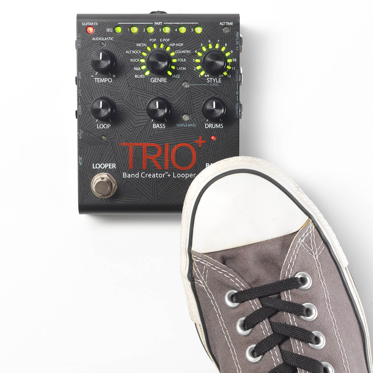 DigiTech TRIO Plus Band Creator Generates Bass & Drum Parts That Match Your Song With 12 Music Genres, 12 Song styles, 5 Different Song Parts + Built-In Guitar Effects!