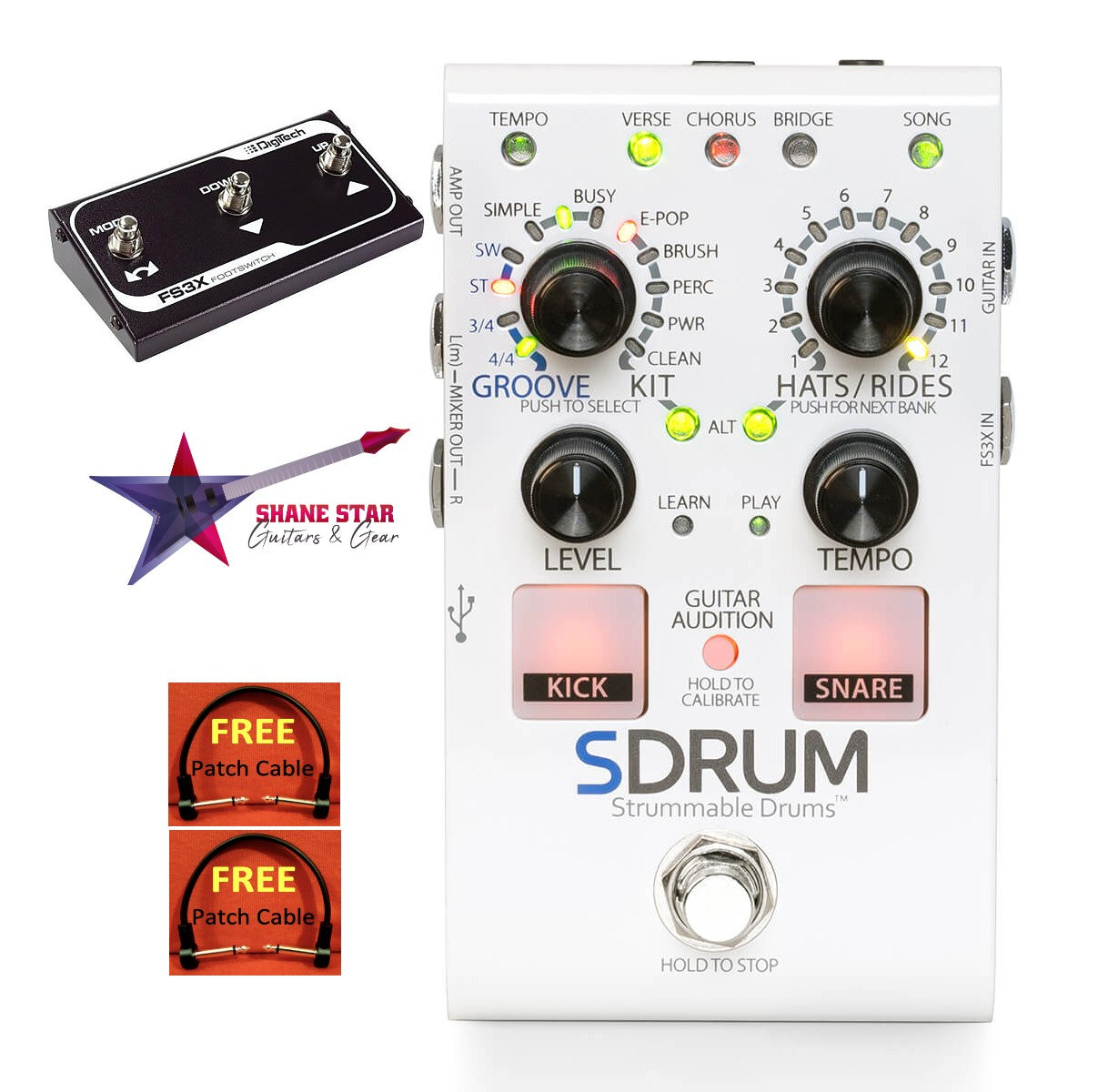 DigiTech SDRUM+3 Button Footswitch(WATCHLIST OFFER)Strummable Drums BeatScratch™ Technology, 5 Different Kits, Various Groove Styles & Time Signatures