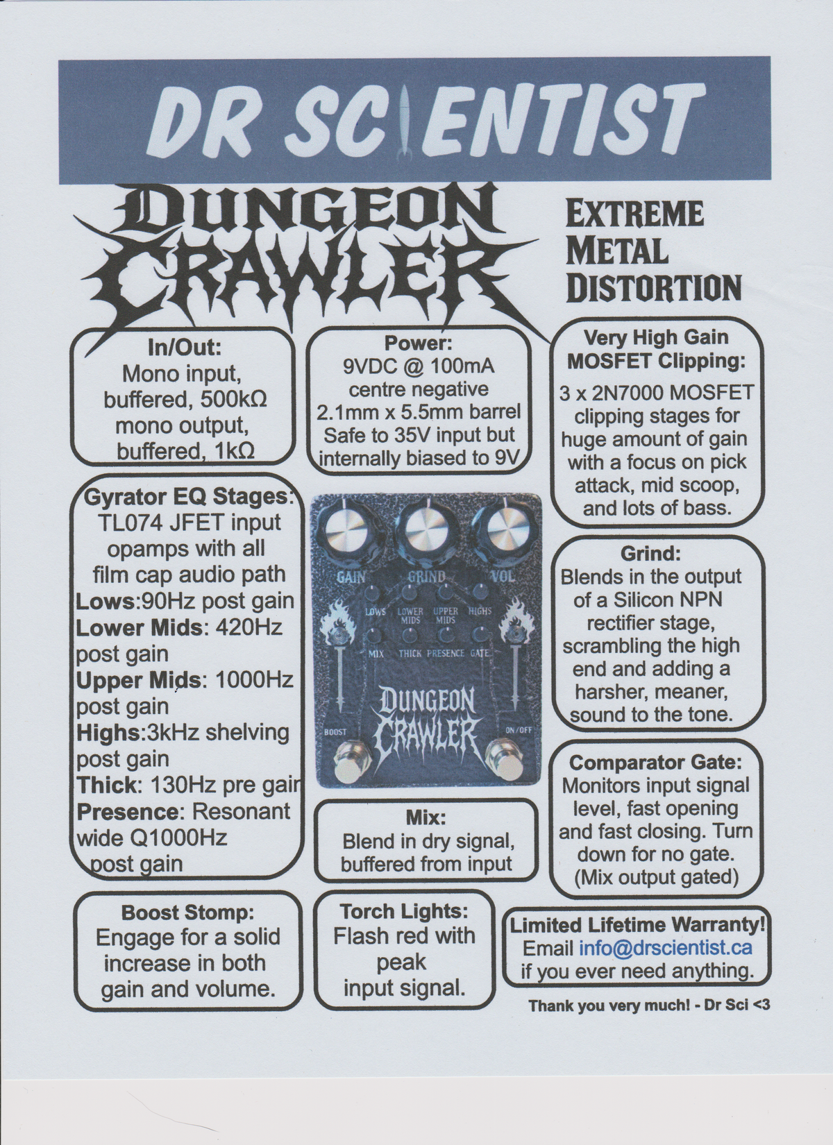 Dr. Scientist DUNGEON CRAWLER(Lowest Serial Numbers In Stock 2 Thru 6)Features A Ton Of Gain, A Ton Of Pick Attack, Deep EQ Controls, Clean Blend & Slick Noise Gate