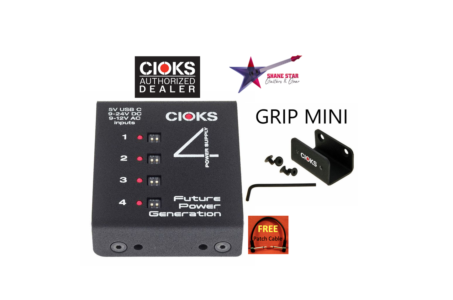 CIOKS C4e + GRIP MINI BUNDLE Pedal Power Expander Kit + GRIP MINI Bracket For Cioks DC7. Switchable Outputs:9,12,15,18Volts + Cables