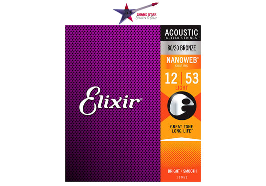 Elixir 11052 Nanoweb Light 12-53 SMOOTH FEEL, BRIGHT TONE 80/20 Bronze Acoustic Guitar Strings
