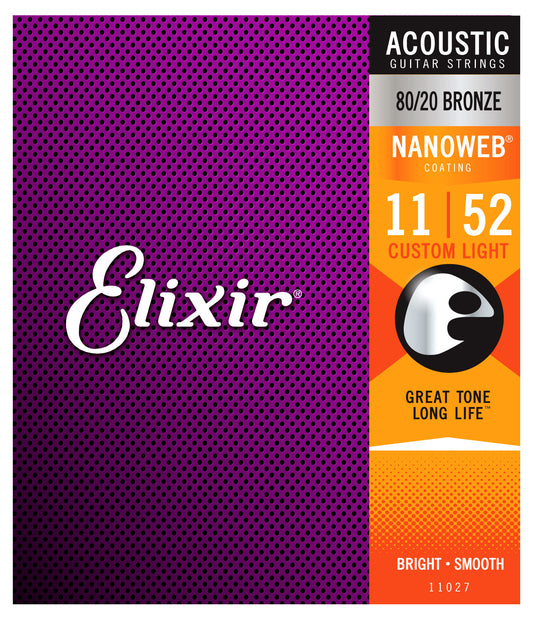 Elixir 11027 Nanoweb Custom Light 11-52 Smooth Feel Bright Tone 80/20 Bronze Acoustic Guitar Strings