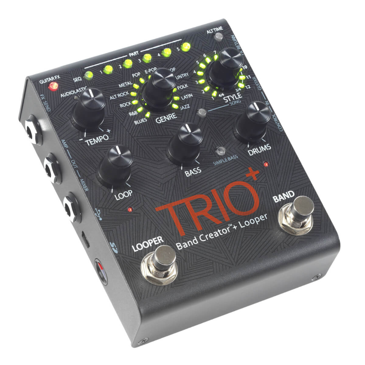 DigiTech TRIO Plus Band Creator Generates Bass & Drum Parts That Match Your Song With 12 Music Genres, 12 Song styles, 5 Different Song Parts + Built-In Guitar Effects!