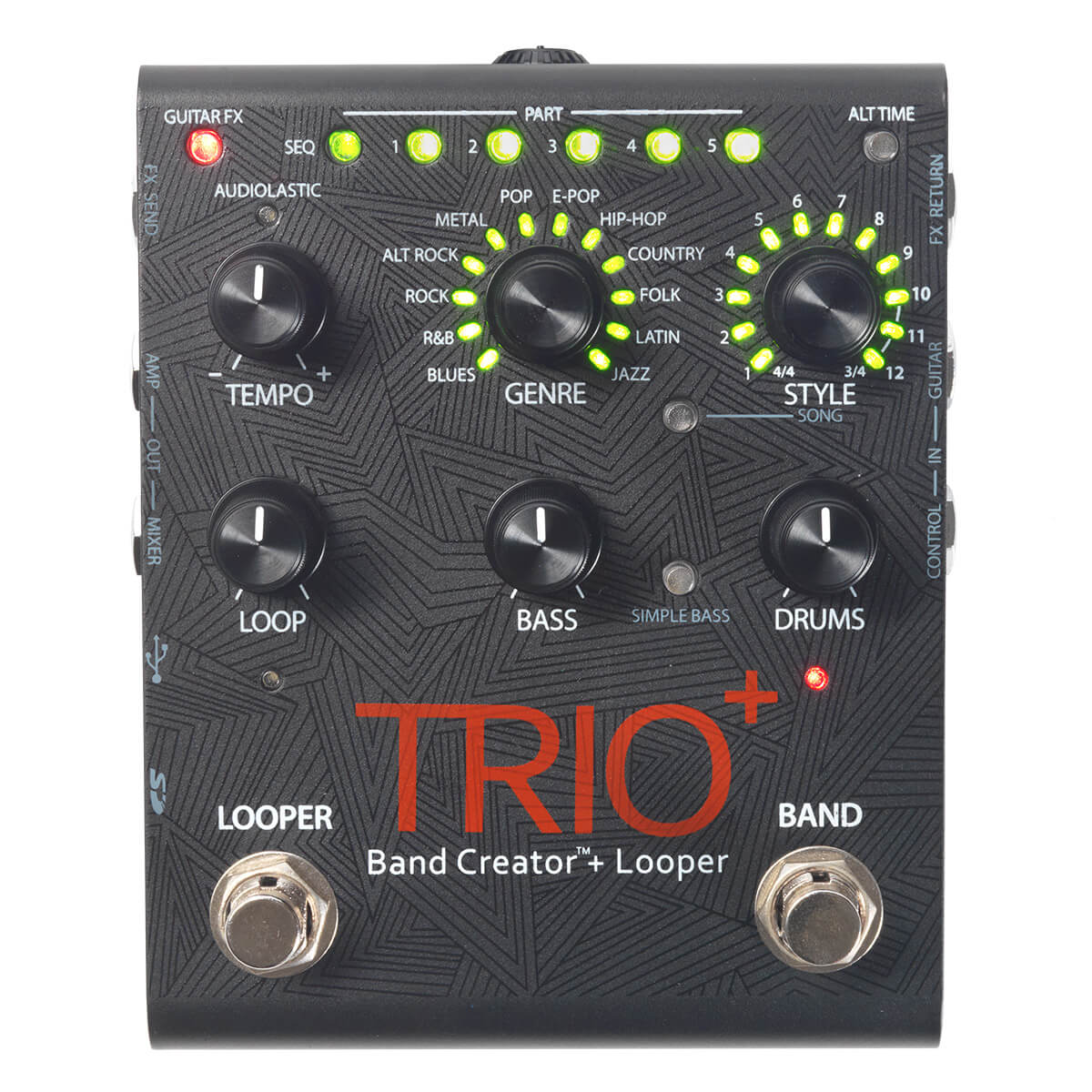 DigiTech TRIO Plus Band Creator Generates Bass & Drum Parts That Match Your Song With 12 Music Genres, 12 Song styles, 5 Different Song Parts + Built-In Guitar Effects!