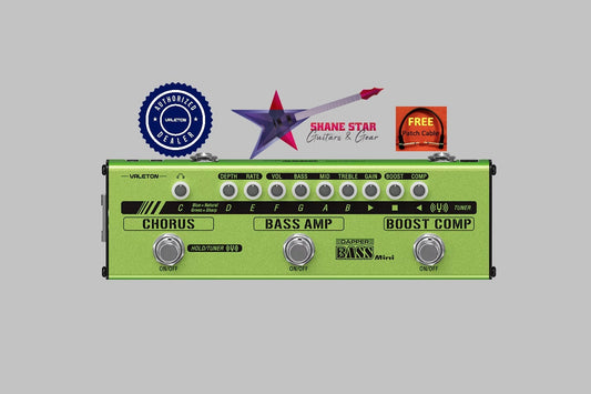 Valeton Dapper Bass Mini VES-2 Multi Effects Strip Tuner, Boost/Compressor, Bass Amp, Chorus, Headphone Out, AUX In, XLR Out Features