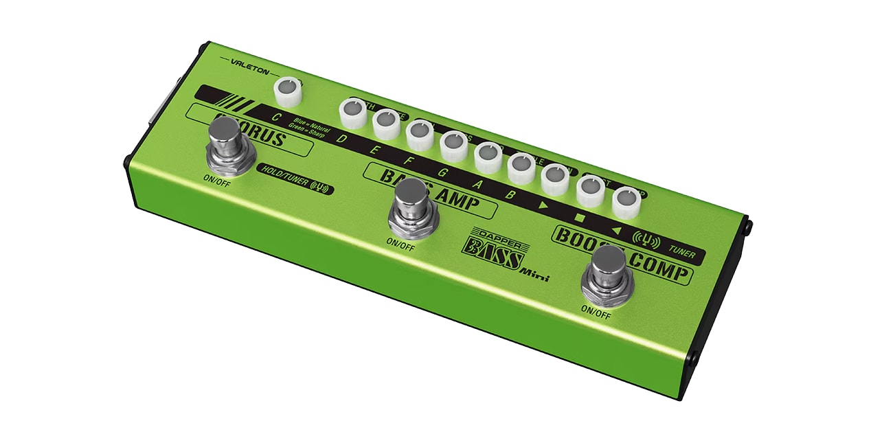 Valeton Dapper Bass Mini VES-2 Multi Effects Strip Tuner, Boost/Compressor, Bass Amp, Chorus, Headphone Out, AUX In, XLR Out Features