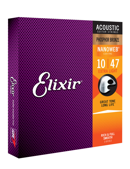 Elixir 16002 Extra Light 10-47 Nanoweb Smooth Feel Sparkling High-End Clarity Phosphor Bronze Acoustic Guitar Strings